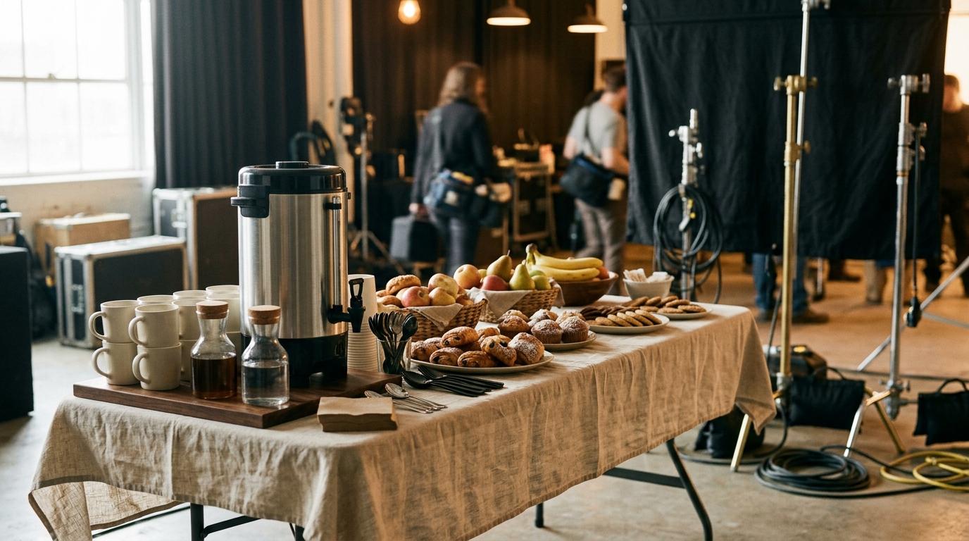 Mesa de catering de rodaje con termo de café, bollería y fruta entre focos y cables de iluminación