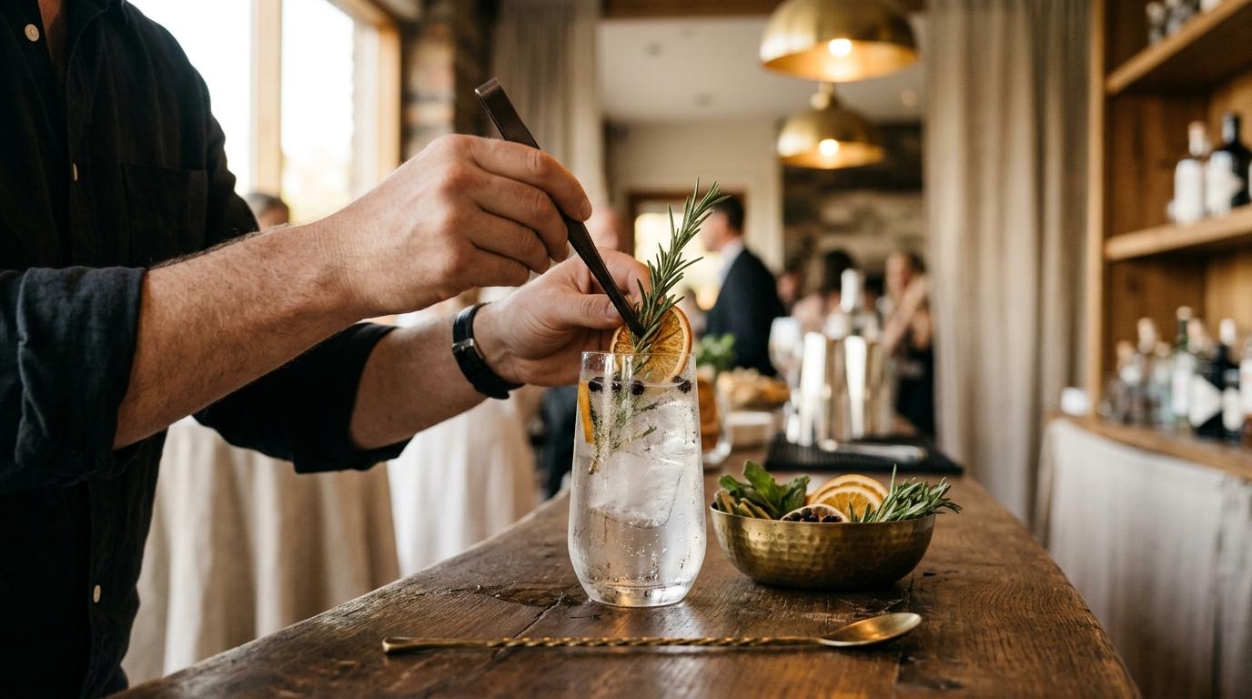 Gin-tonic decorado con cítricos y hierbas aromáticas sobre la barra, luz cálida de atardecer