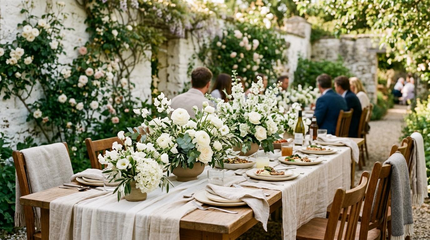 Mesa larga de celebración en un jardín con flores blancas, mantel de lino y comensales al fondo junto a un muro encalado
