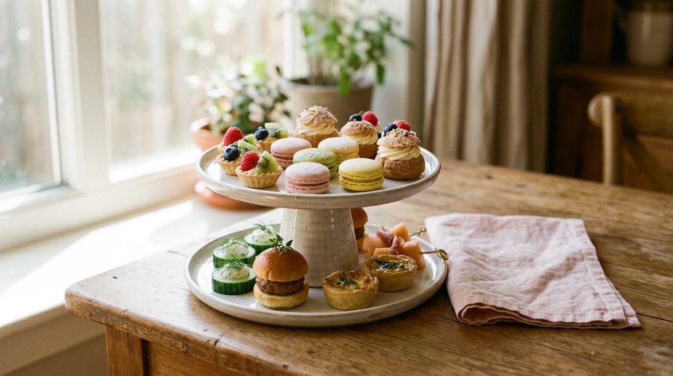 Bandeja de dos alturas con macarons, tartaletas de fruta, mini quiches y un mini sándwich sobre una mesa de madera