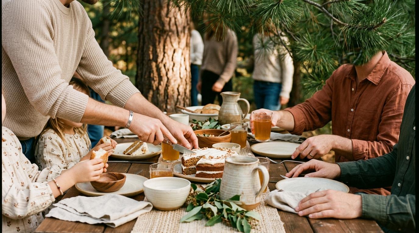 Manos cortando un bizcocho sobre una mesa de celebración familiar bajo pinos, con jarras de barro y limonada