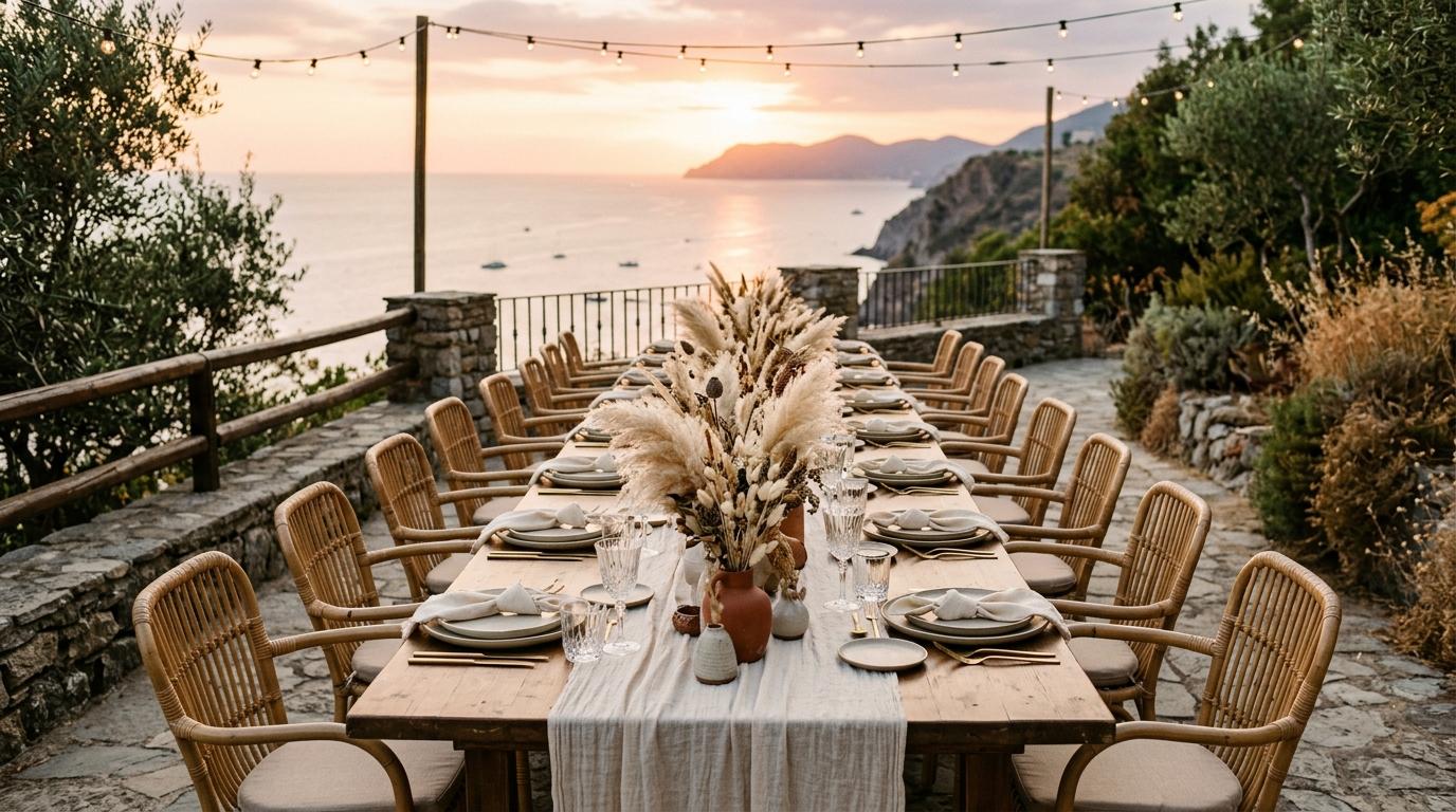 Mesa larga de boda con mantel crudo, ramo de plumas de pampa y sillas de ratán frente al mar al atardecer