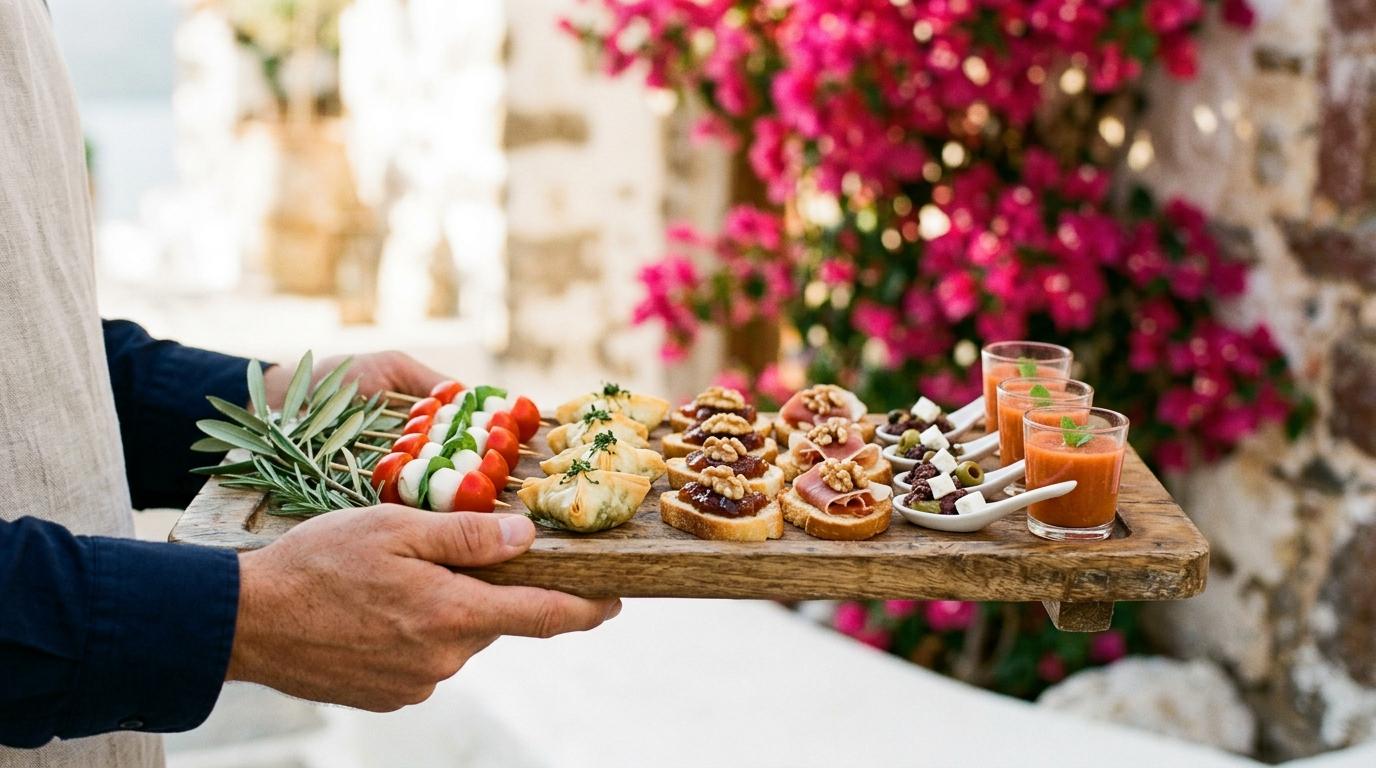 Camarero sosteniendo una tabla con canapés mediterráneos junto a un muro cubierto de buganvillas