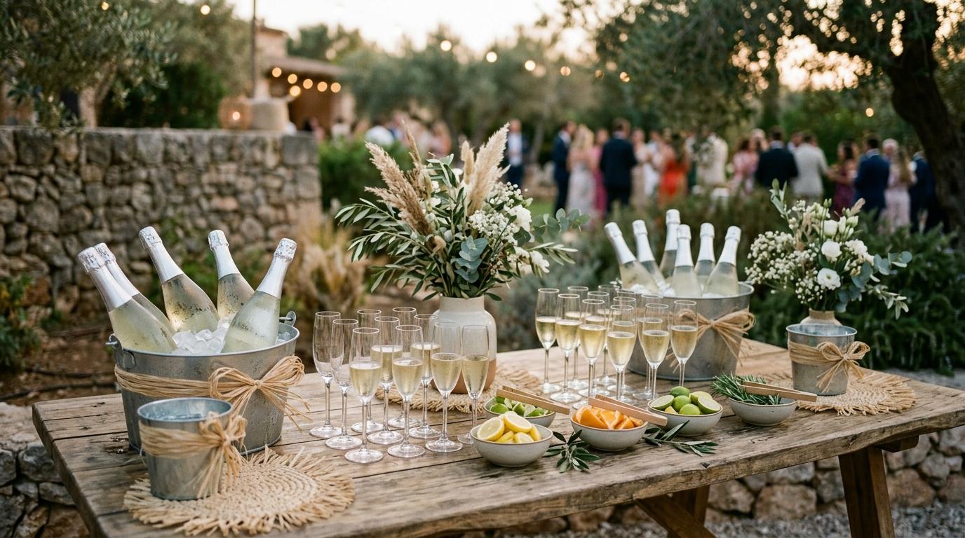 Mesa de bienvenida de boda con cubos de hielo, botellas de cava, copas y cítricos sobre madera de olivo