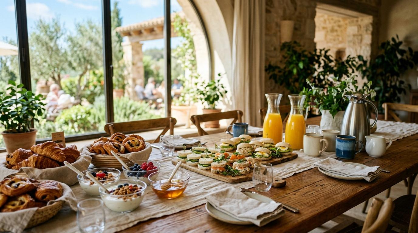 Mesa de brunch con cruasanes, bowls de yogur con fruta, mini sándwiches y jarras de zumo de naranja