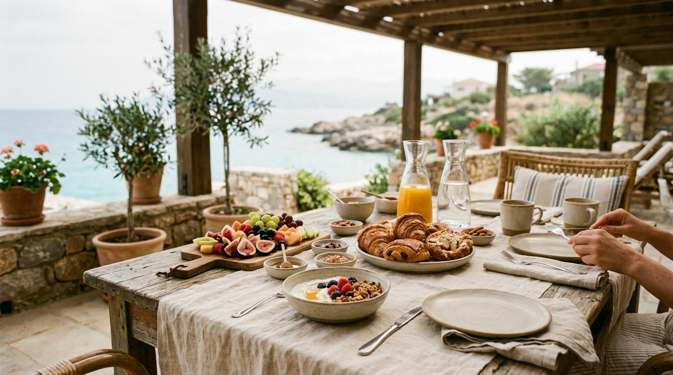 Mesa de brunch en una terraza frente al mar con tabla de fruta, bollería y bowl de yogur con granola