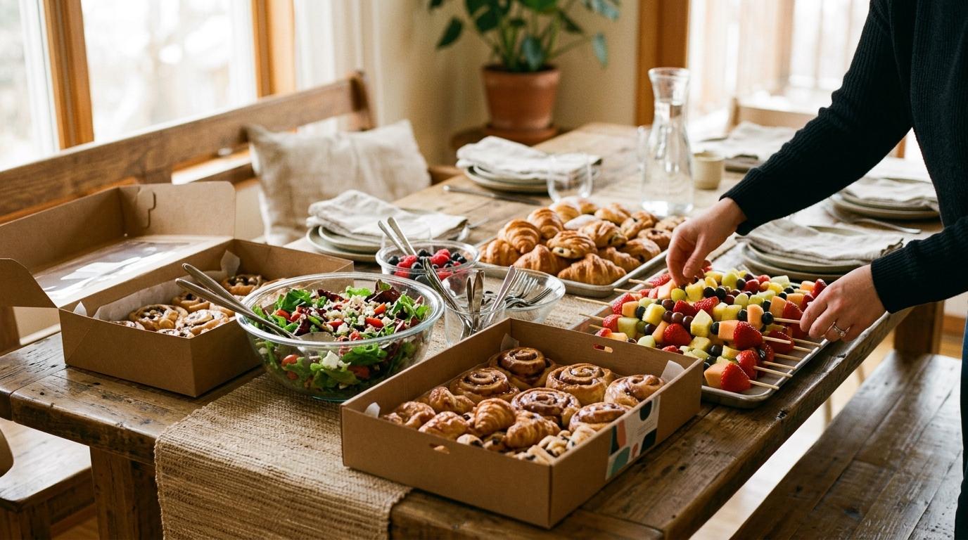 Cajas de cartón abiertas con rollitos de canela y cruasanes junto a una ensalada y brocheta de fruta