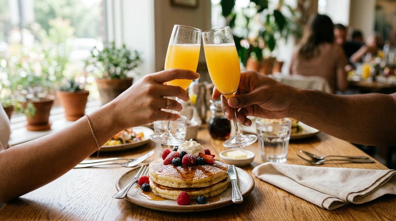 Dos manos brindando con mimosas junto a un plato de tortitas con frutos rojos y nata