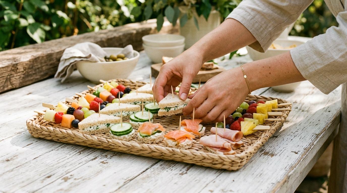 Manos colocando mini sándwiches, rodajas de pepino con salmón y brochetas de fruta en una bandeja de fibra