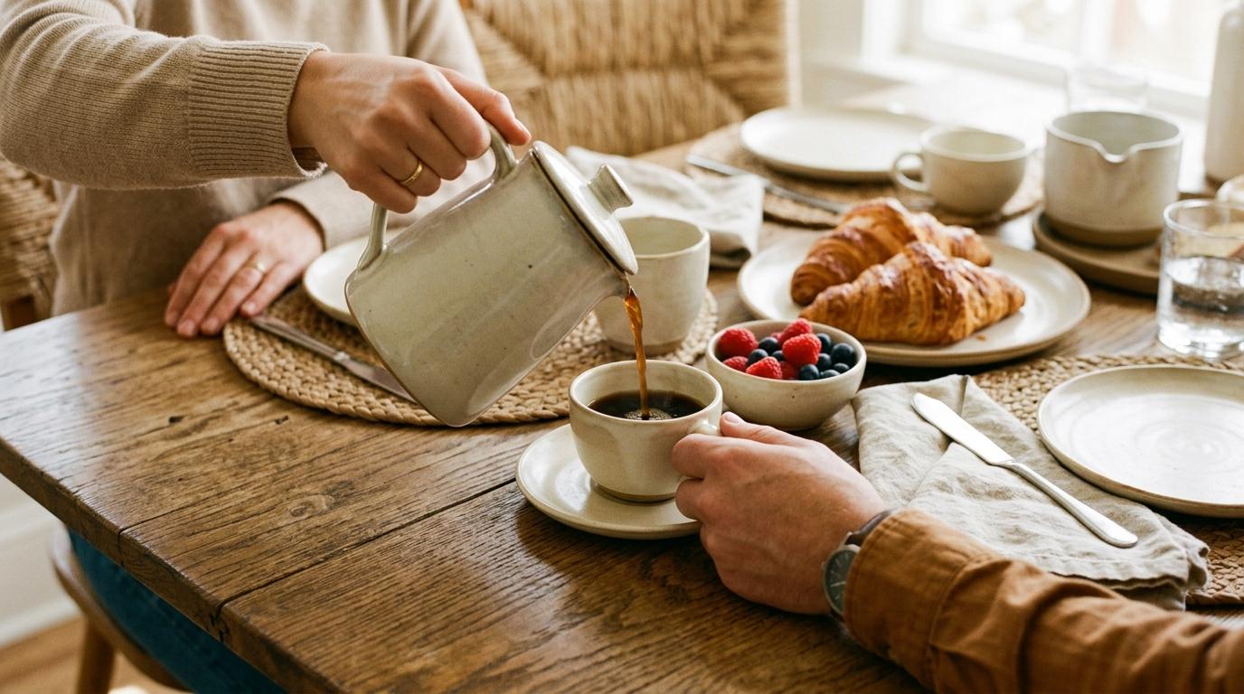 Manos sirviendo café en una taza de cerámica junto a cruasanes y un bowl de frutos rojos
