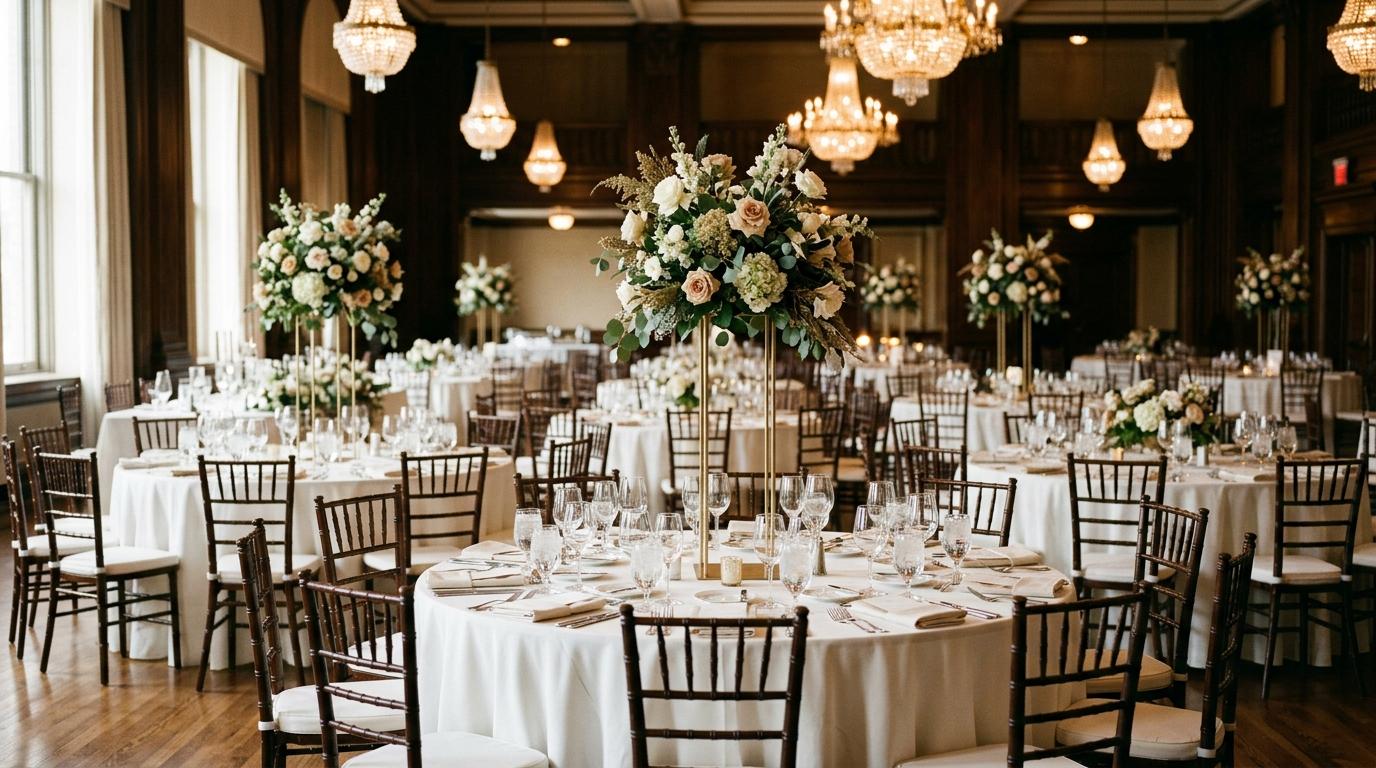 Salón de gala con mesas redondas vestidas de blanco, centros florales altos y arañas de cristal, aún sin invitados