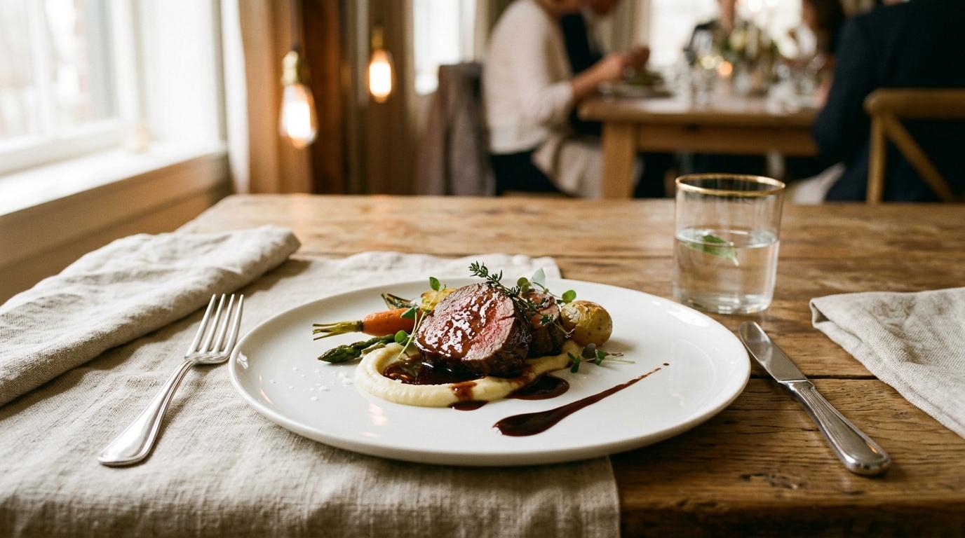 Plato principal de alta cocina con salsa en espiral sobre porcelana blanca y cubertería de plata