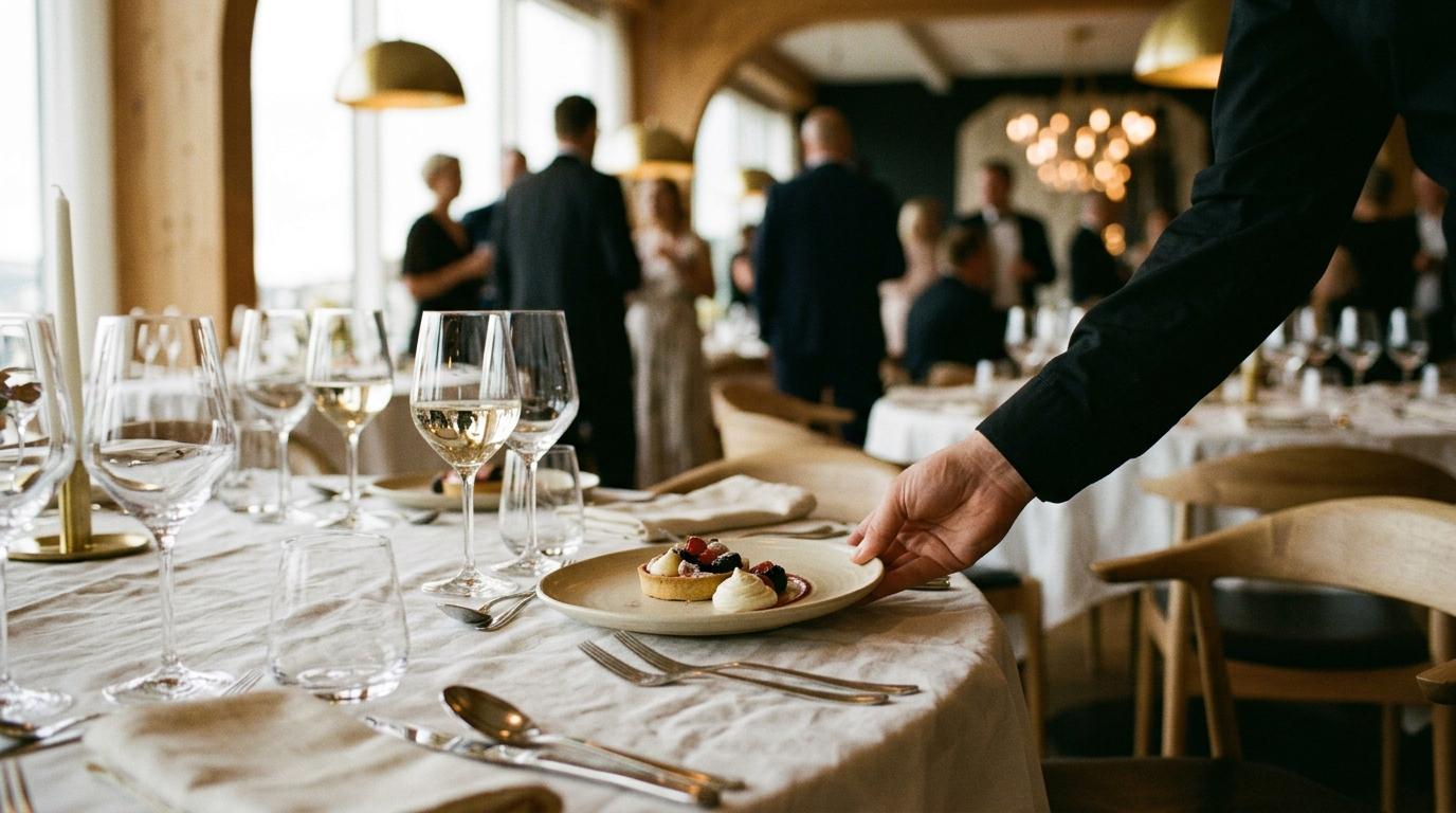 Manos de un camarero colocando un postre en una mesa de gala con copas de cristal, invitados desenfocados al fondo