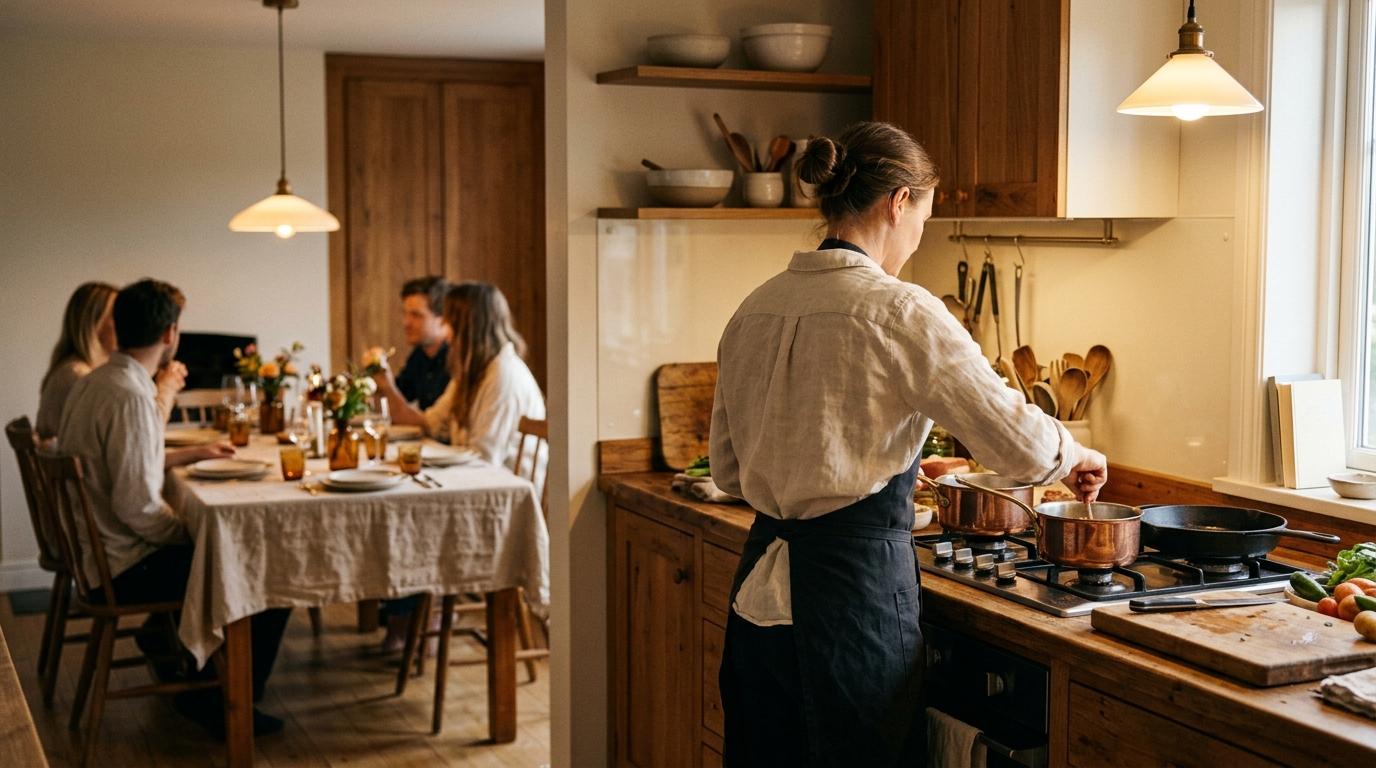 Cocinero de espaldas preparando la cena en una cocina doméstica cálida, con la mesa ya puesta al fondo