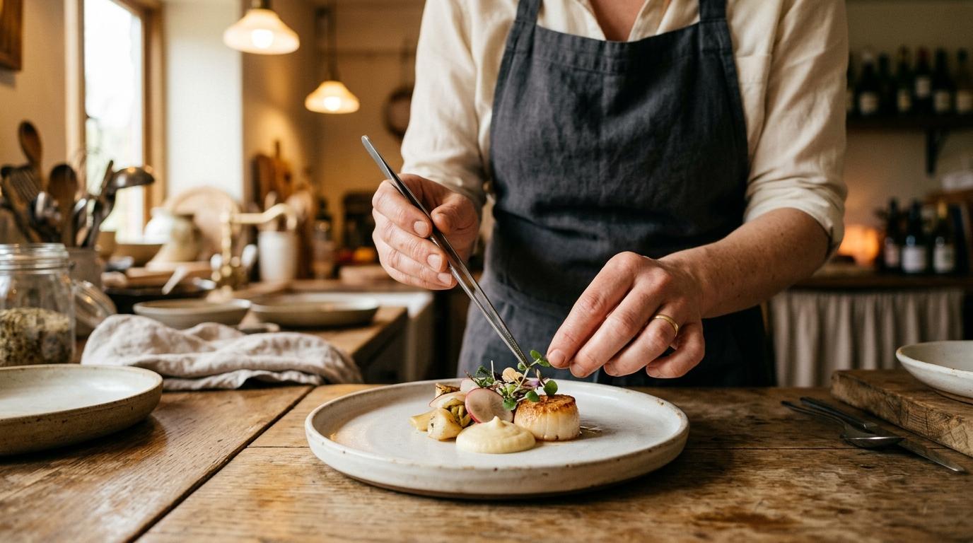 Manos de un chef emplatando un plato de degustación con pinzas sobre cerámica artesanal
