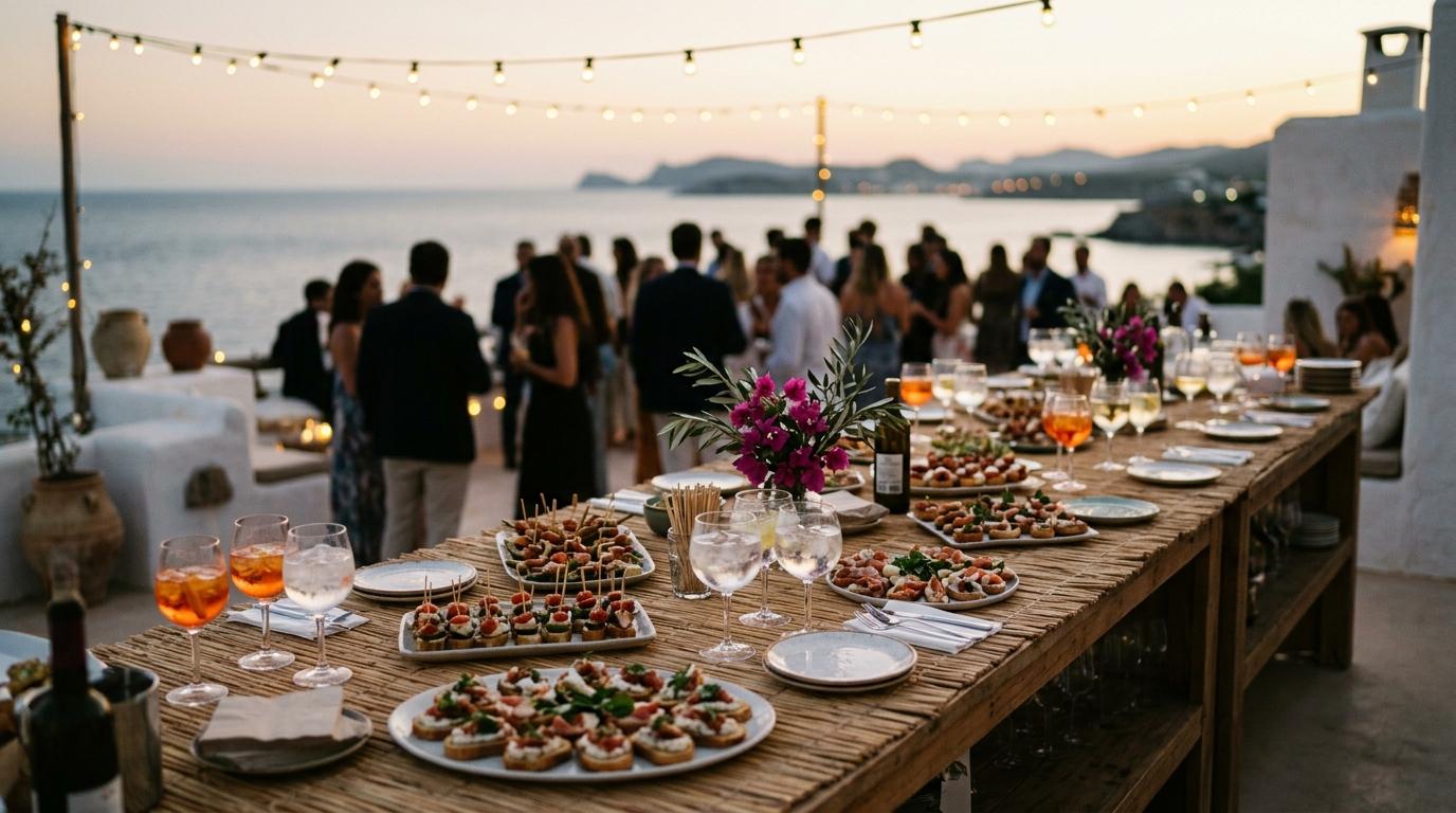 Barra de cóctel con bandejas de canapés y copas de vermú al atardecer, con invitados charlando junto al mar