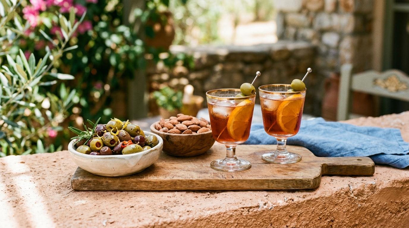 Bol de aceitunas aliñadas y almendras junto a dos copas de vermú con naranja sobre una tabla de madera