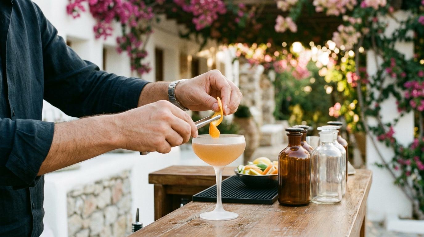 Manos de un camarero decorando un cóctel con una piel de cítrico junto a botellas de aperitivo