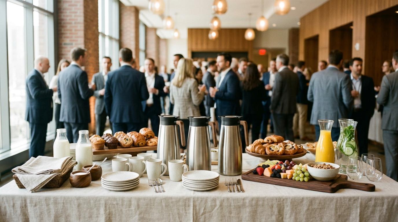 Mesa de coffee break corporativo con termos de café, bollería, fruta y zumo en un vestíbulo luminoso