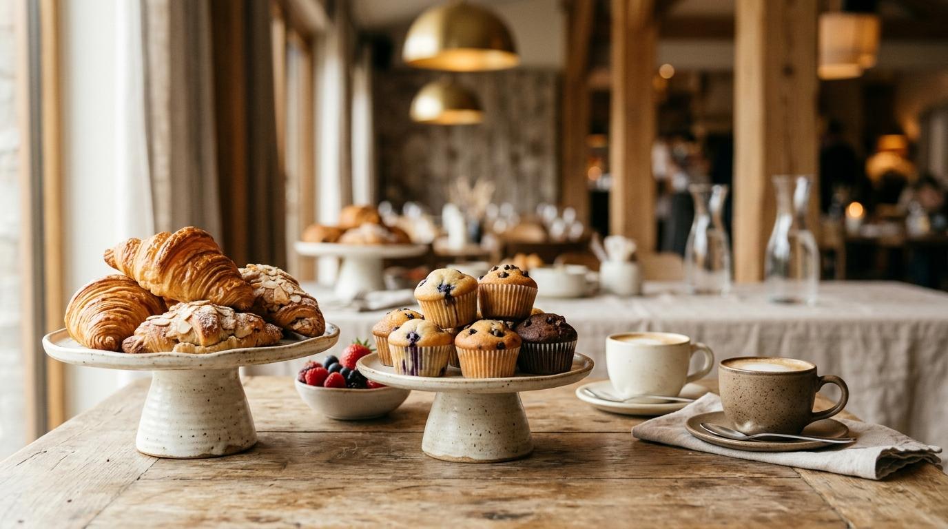 Croissants, mini muffins y fruta fresca sobre soportes de cerámica junto a tazas de café