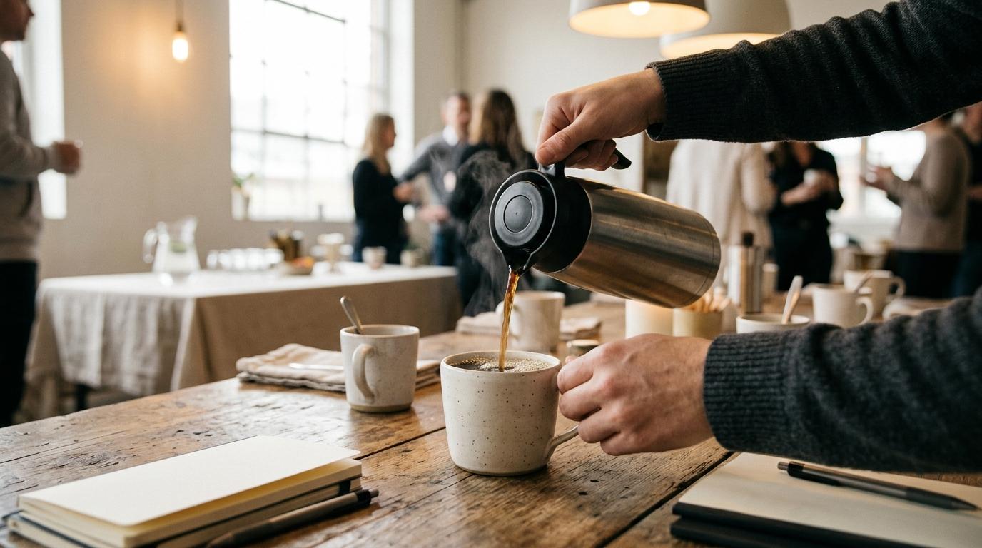 Manos sirviendo café humeante desde un termo en una taza, con libretas sobre la mesa de trabajo