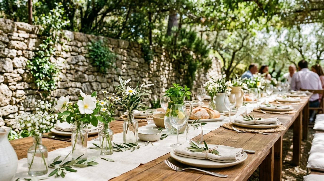 Mesa larga de comunión con flores silvestres en botellas de cristal, ramas de olivo y hogazas de pan