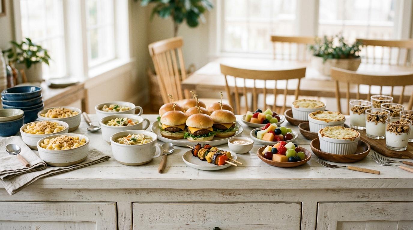 Aparador con macarrones con queso, mini hamburguesas, brochetas de fruta y vasitos de yogur con granola