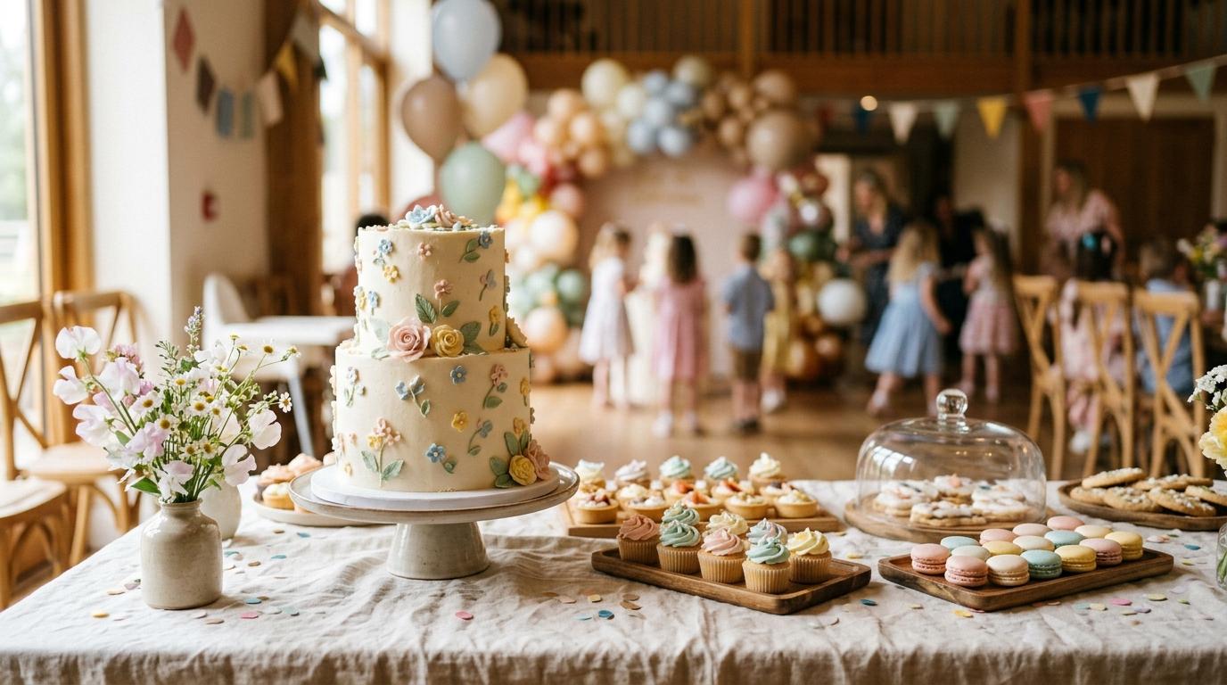 Tarta de dos pisos con flores pintadas a mano junto a cupcakes, macarons y galletas en una mesa dulce