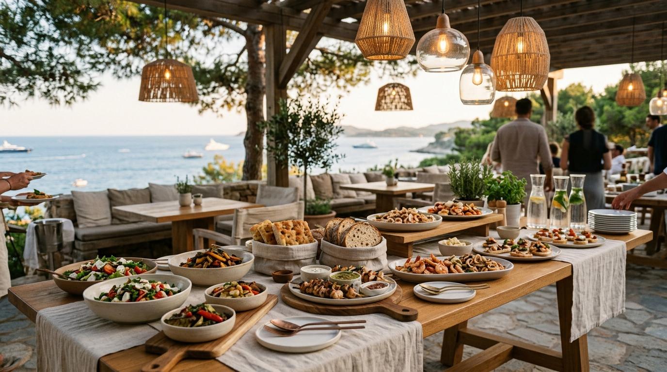Buffet mediterráneo bajo una pérgola junto al mar con ensaladas, brochetas, panes y lámparas de mimbre, invitados desenfocados