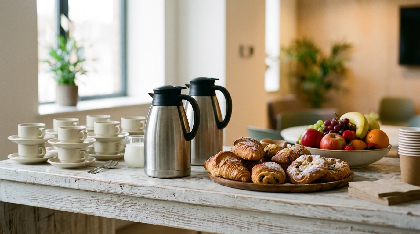 Mesa de coffee break con termos, tazas apiladas, cruasanes y un bol de fruta fresca variada