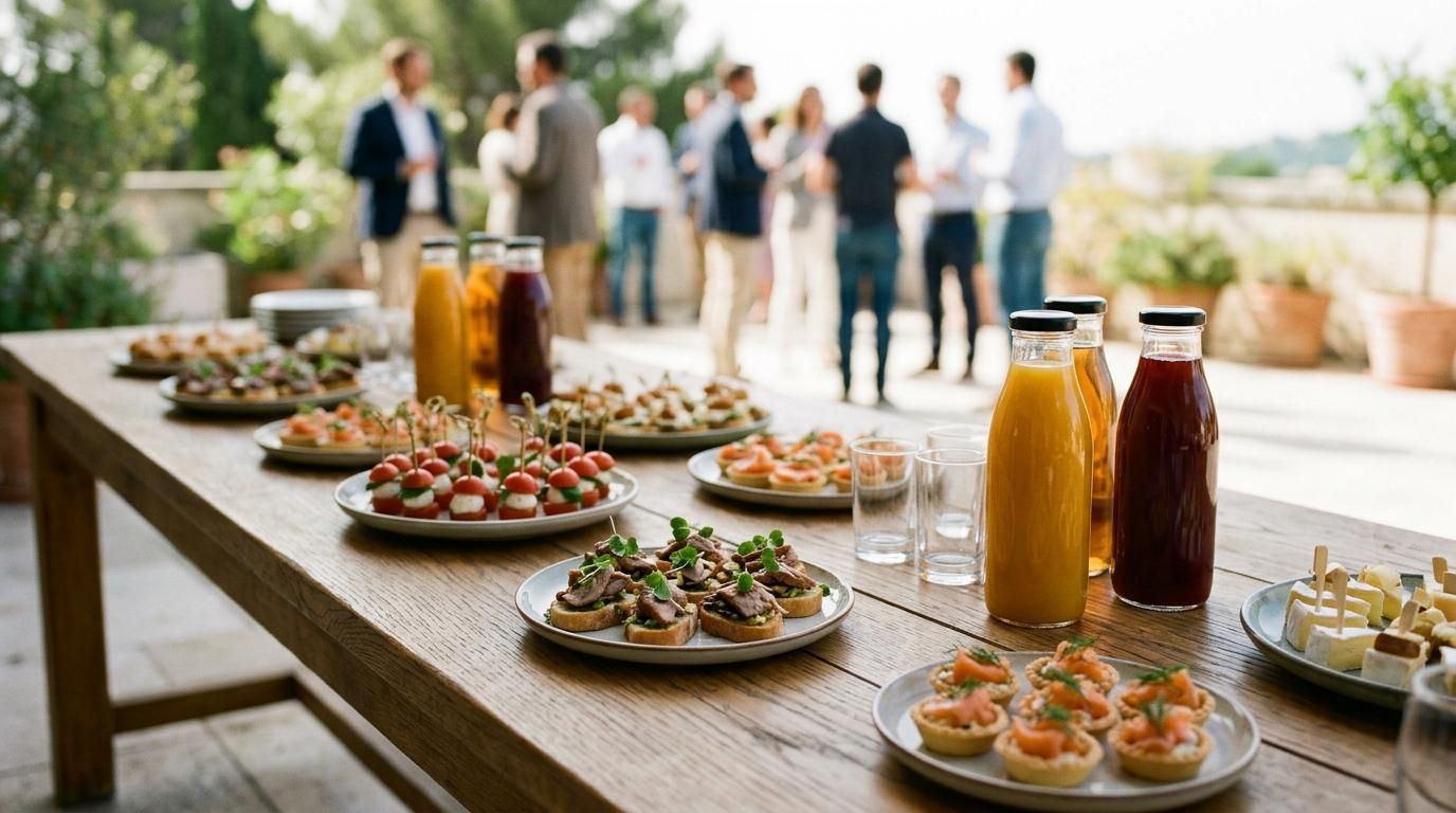Mesa de cóctel corporativo con canapés, tartaletas de salmón y botellas de zumo, invitados al fondo