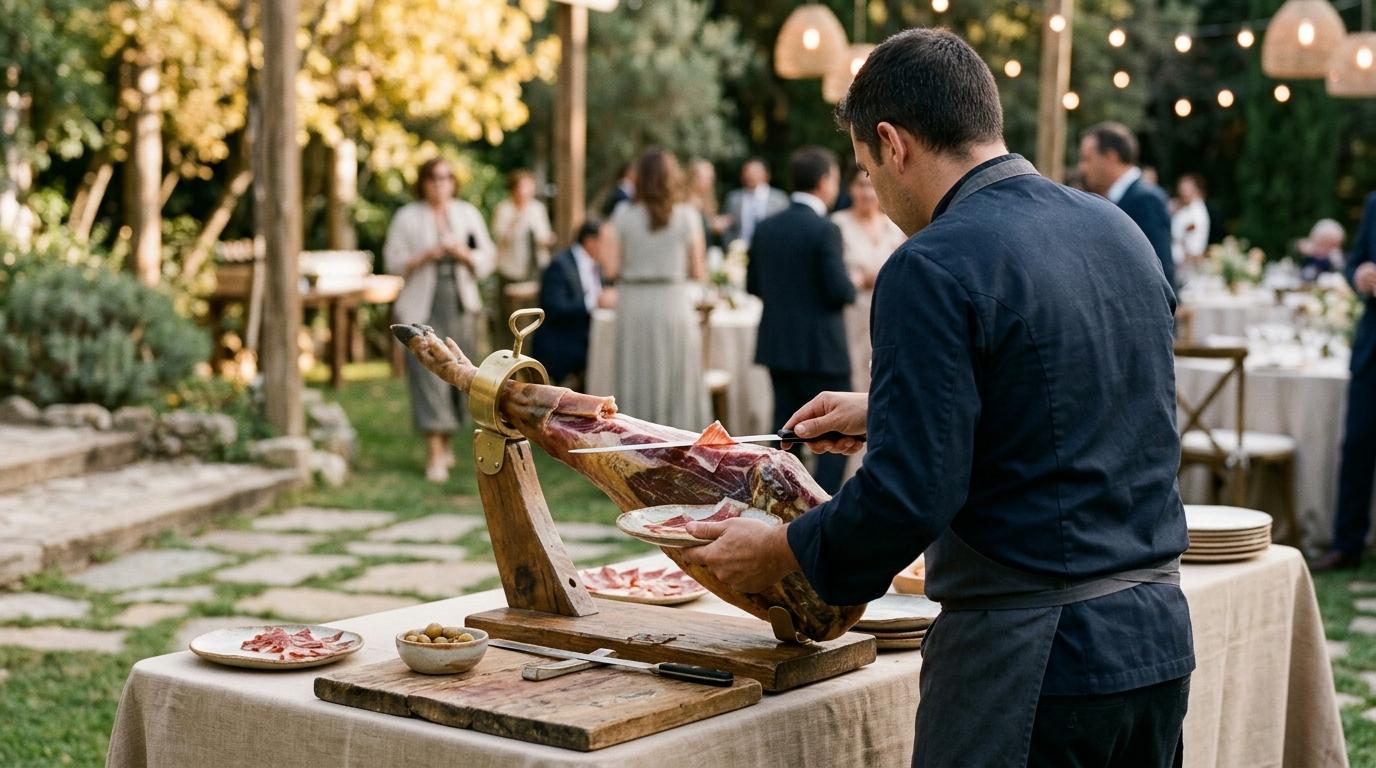 Cortador de jamón de espaldas trinchando una pieza ibérica sobre su soporte en un evento al aire libre