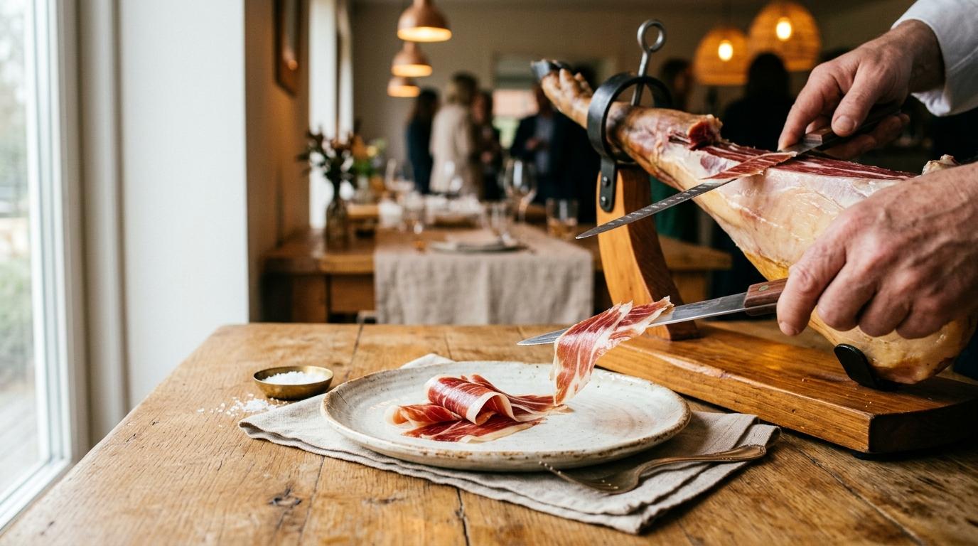 Finas lonchas de jamón ibérico recién cortadas sobre un plato de cerámica, junto al soporte y el cuchillo jamonero