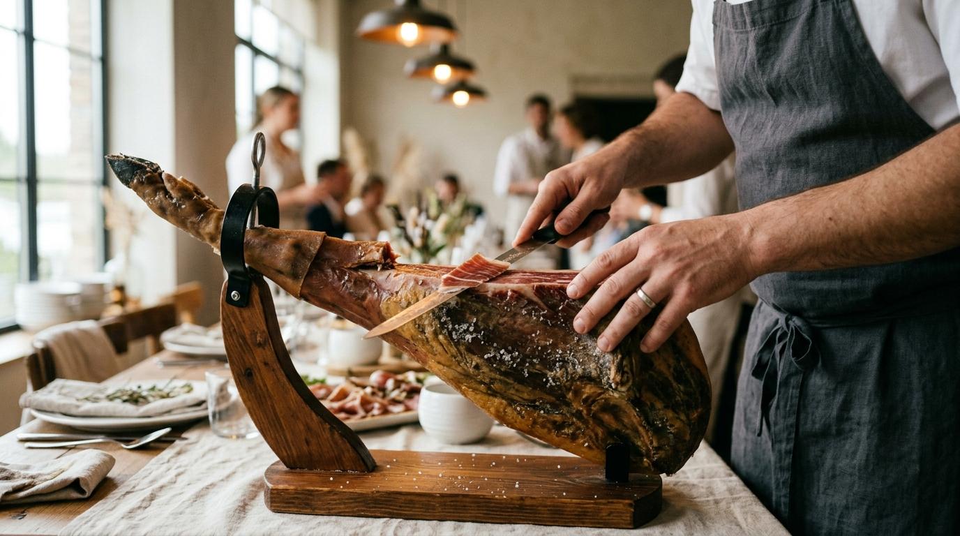 Manos cortando una pieza de jamón con cuchillo jamonero sobre su soporte de madera y mantel de lino