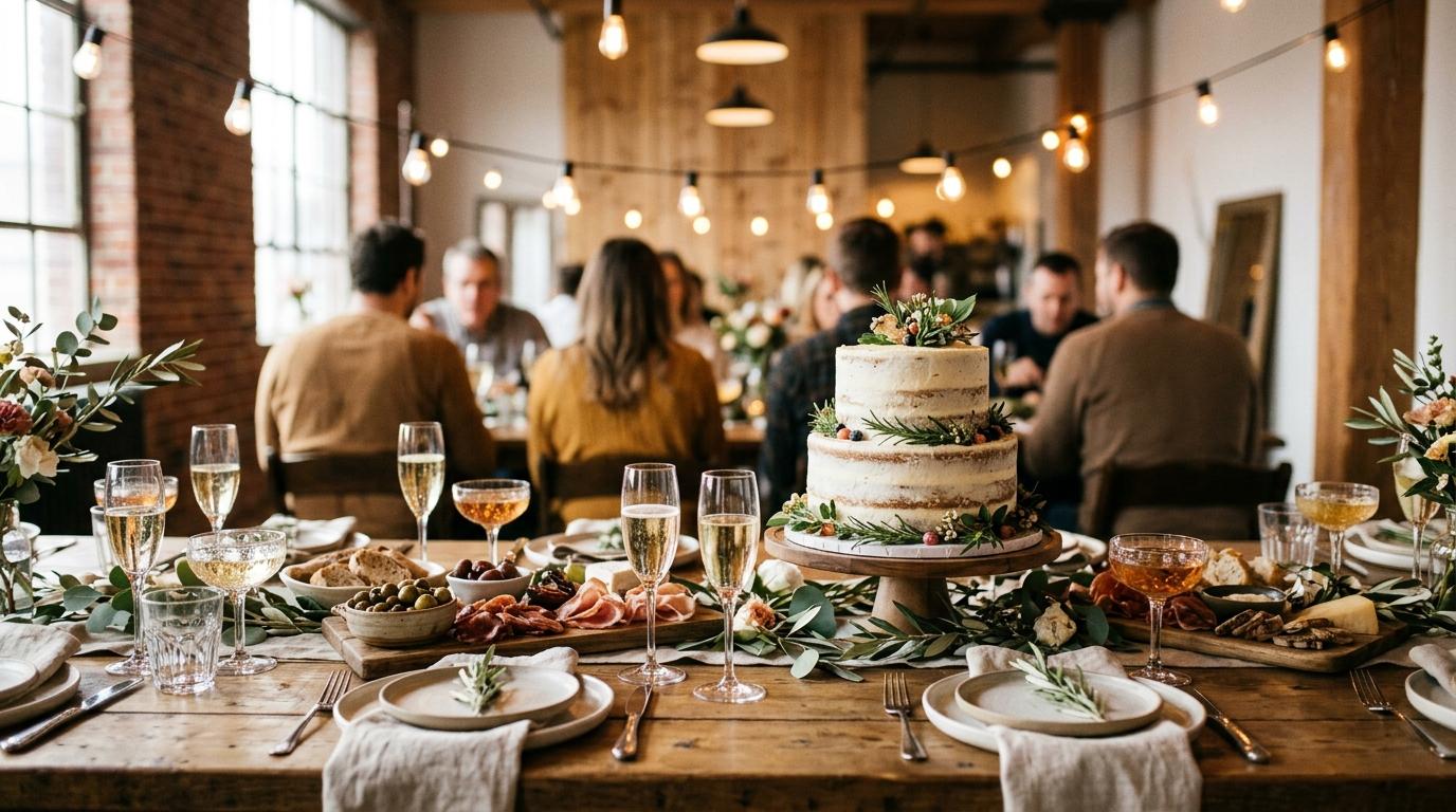 Mesa larga de cumpleaños con tabla de embutidos y quesos, copas y una tarta de dos pisos con flores