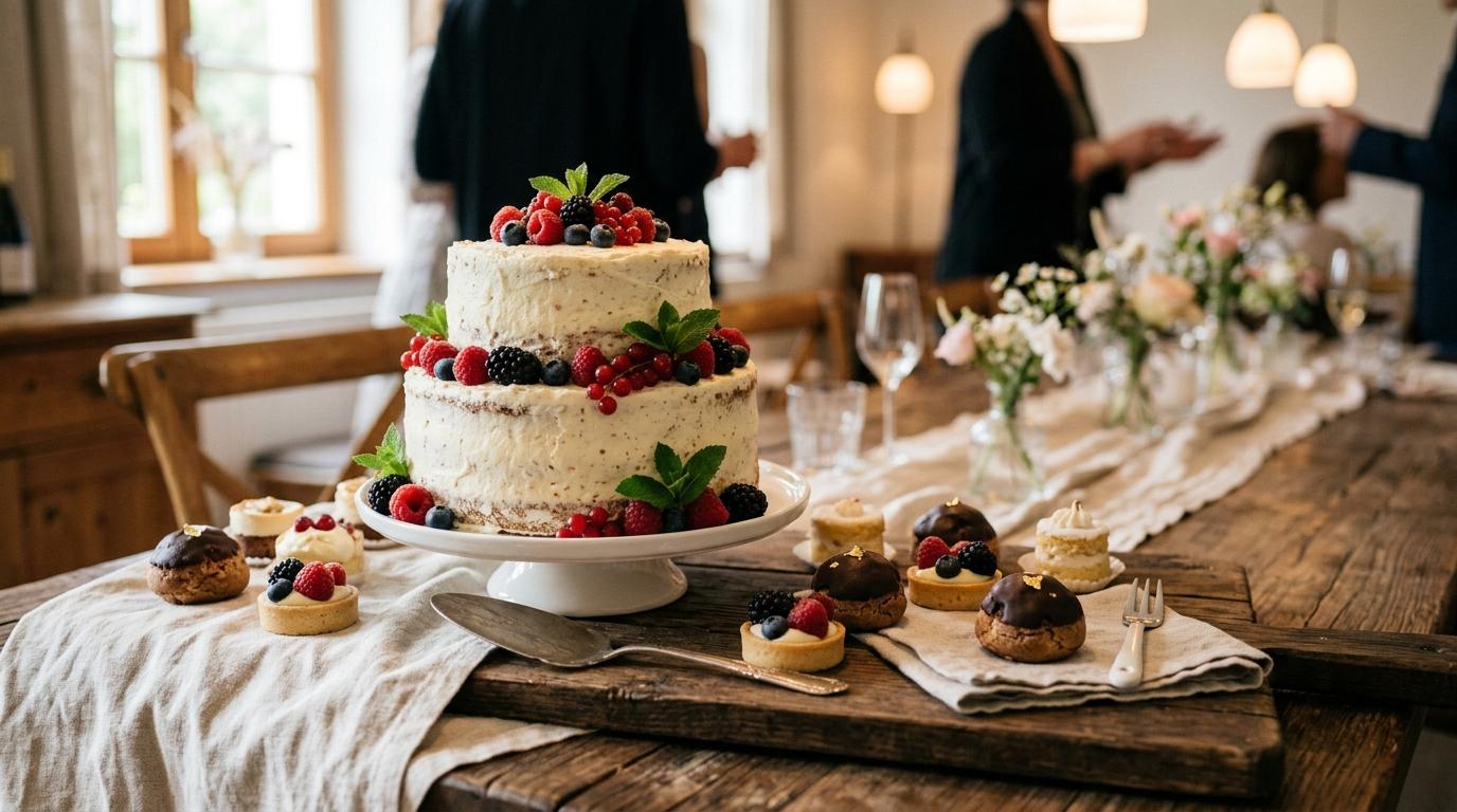 Tarta de cumpleaños de dos pisos decorada con frutos rojos, junto a mini pasteles sobre tabla de madera