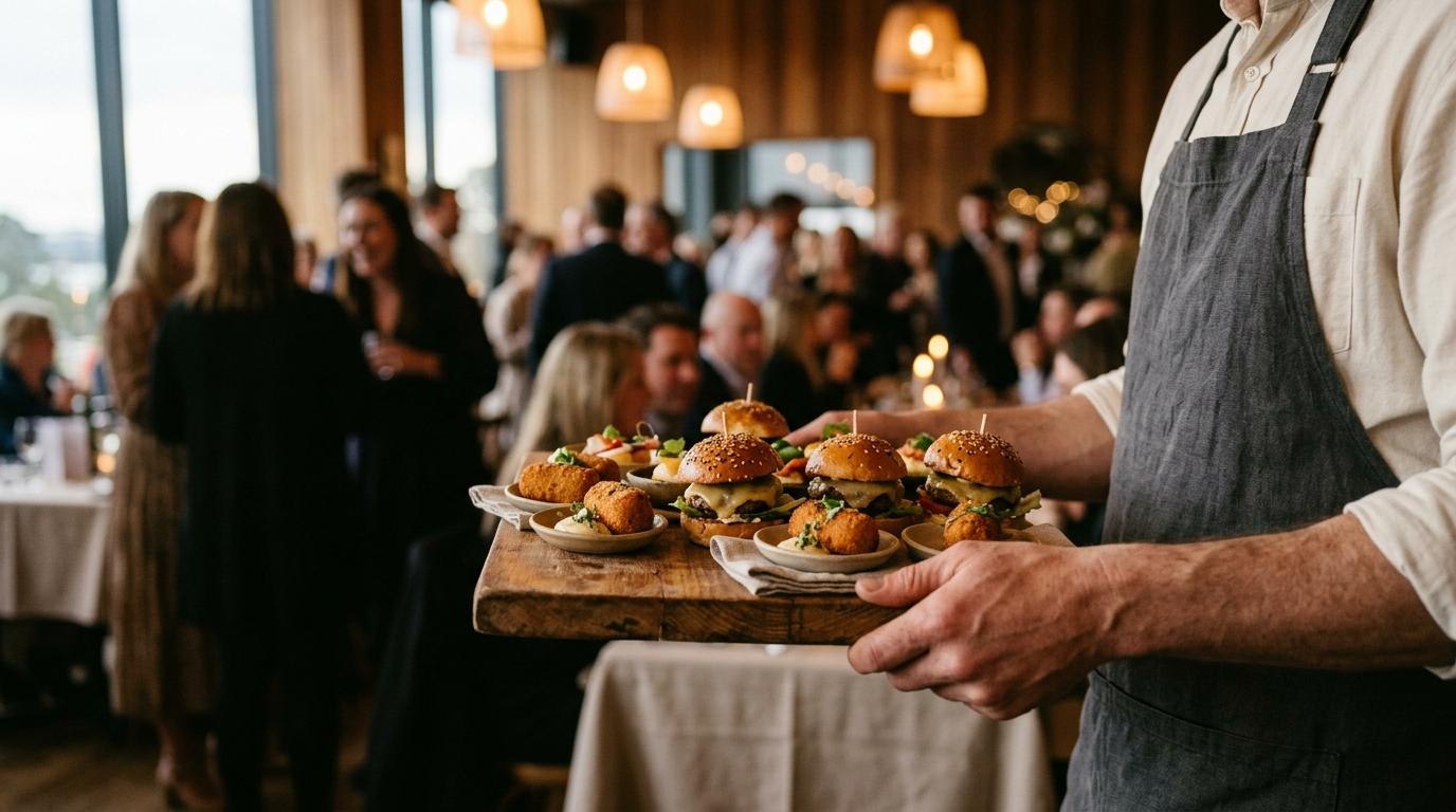 Manos de un camarero con delantal sosteniendo una tabla de madera con mini hamburguesas y croquetas, invitados desenfocados en una sala cálida