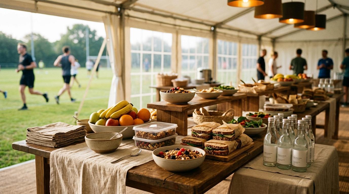 Carpa de catering deportivo junto al campo con fruta, sándwiches y botellas de agua en mesas de madera