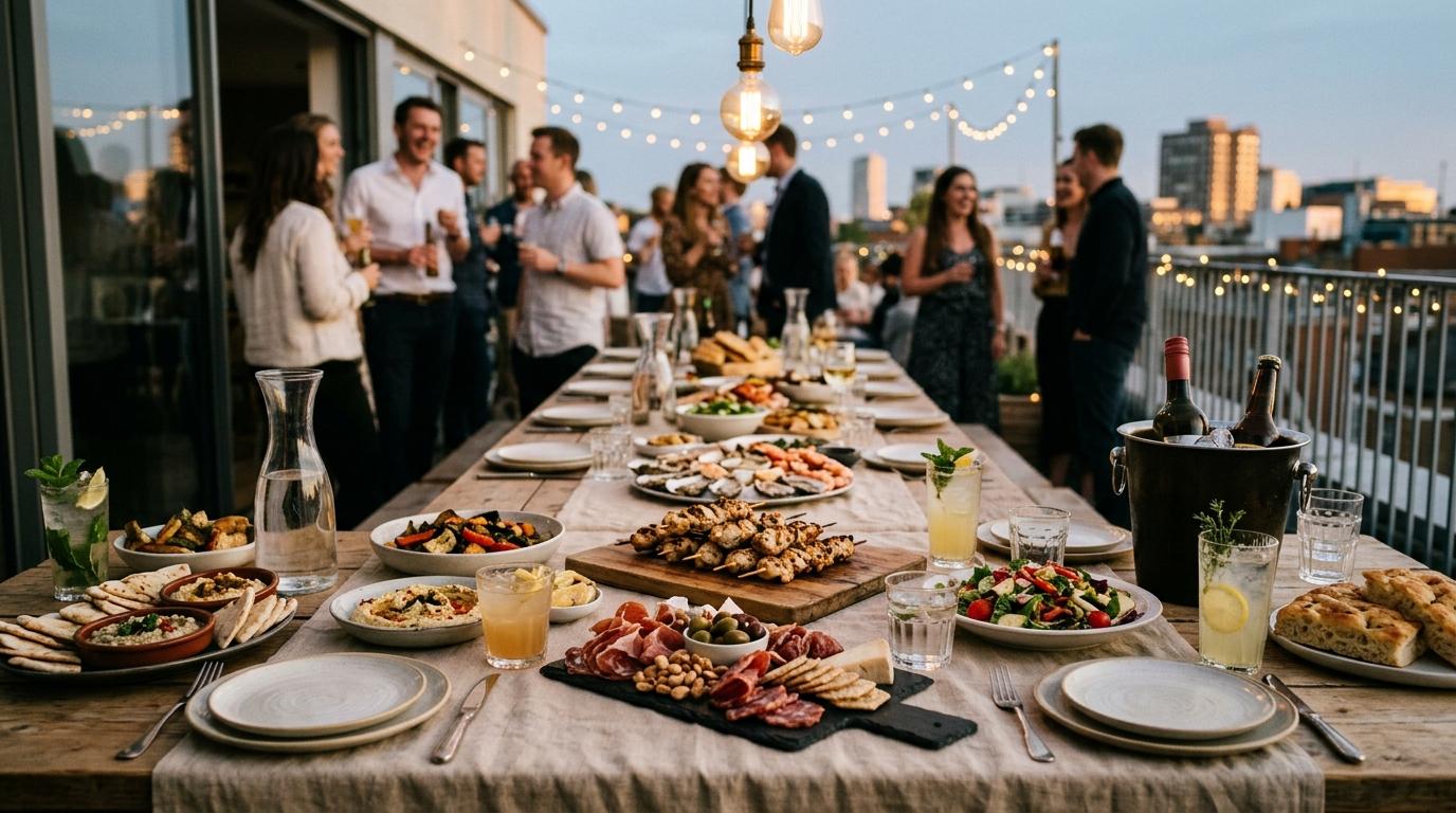 Mesa larga en una azotea con tablas de embutidos, hummus y pinchos, cava en cubitera y luces de guirnalda al atardecer
