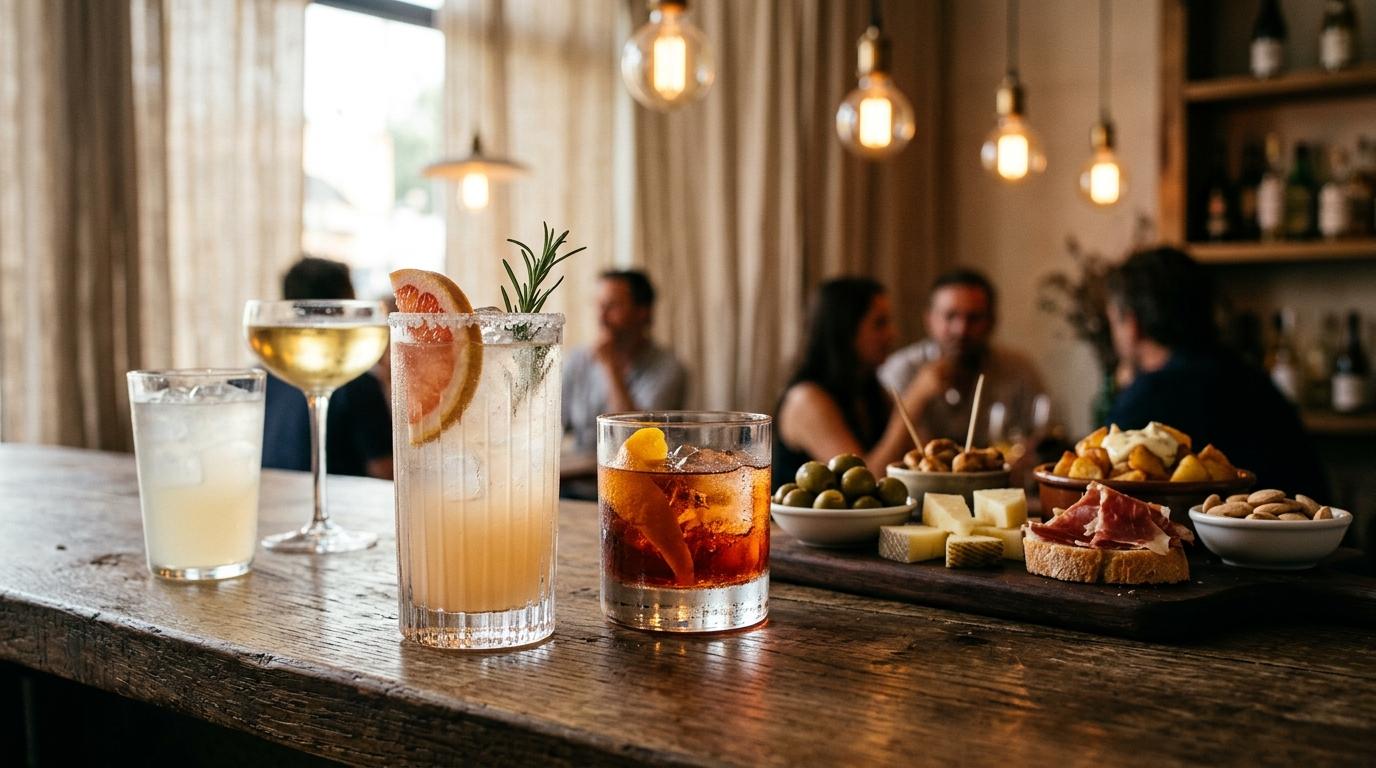 Cócteles variados junto a una tabla de embutidos, quesos y aceitunas en la barra de un bar, luz cálida de noche