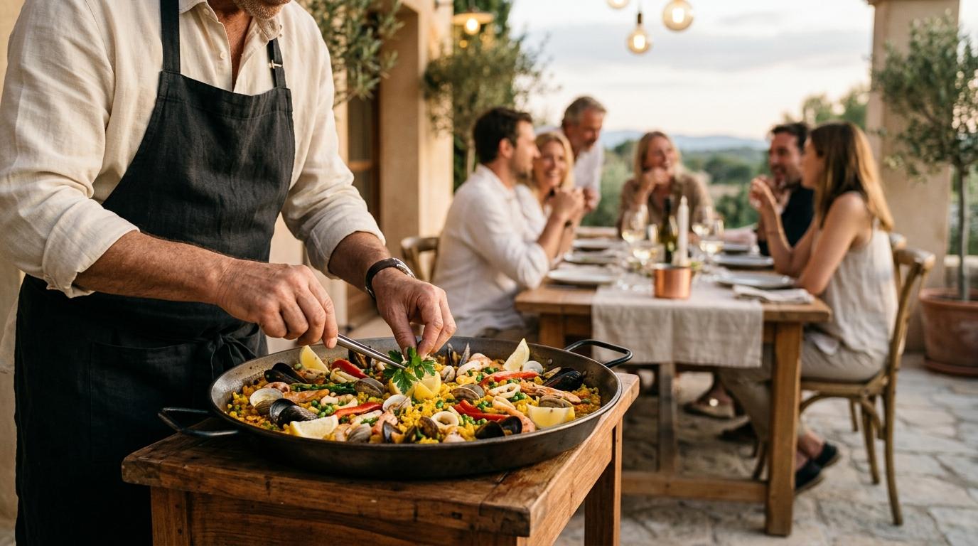 Manos de un cocinero terminando una paella de marisco al aire libre, con comensales desenfocados alrededor de la mesa