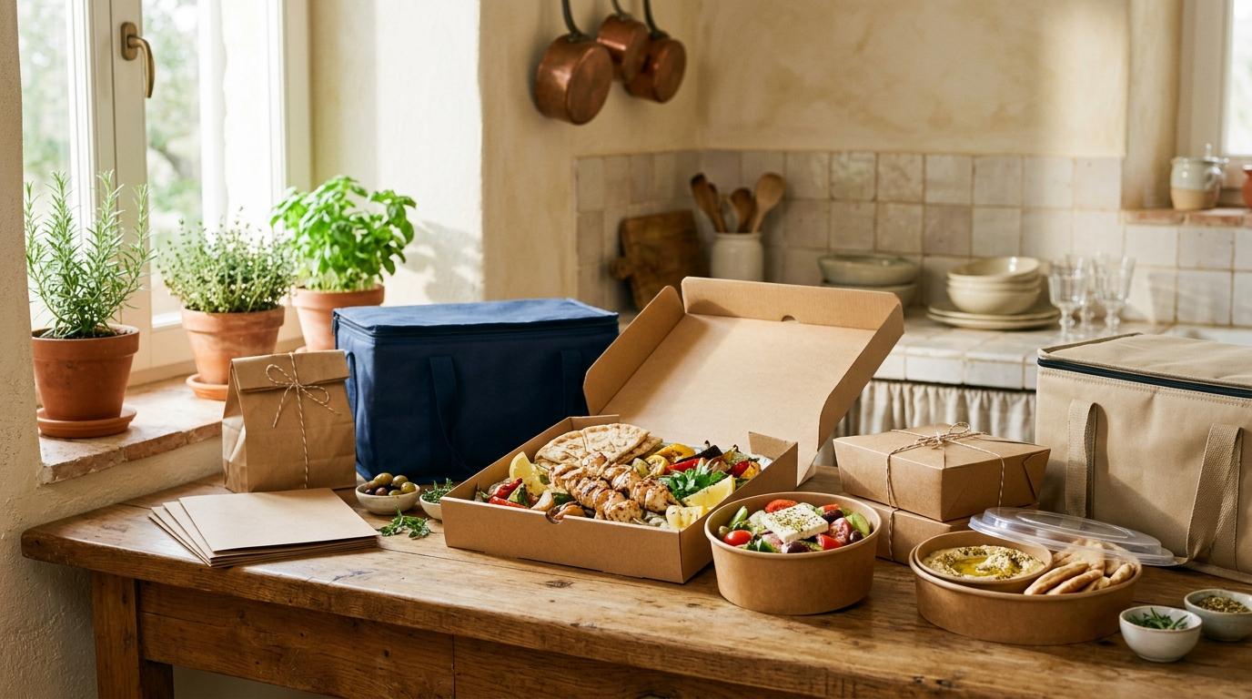 Cajas isotérmicas y envases de kraft con brochetas, pan de pita y ensalada griega en una encimera
