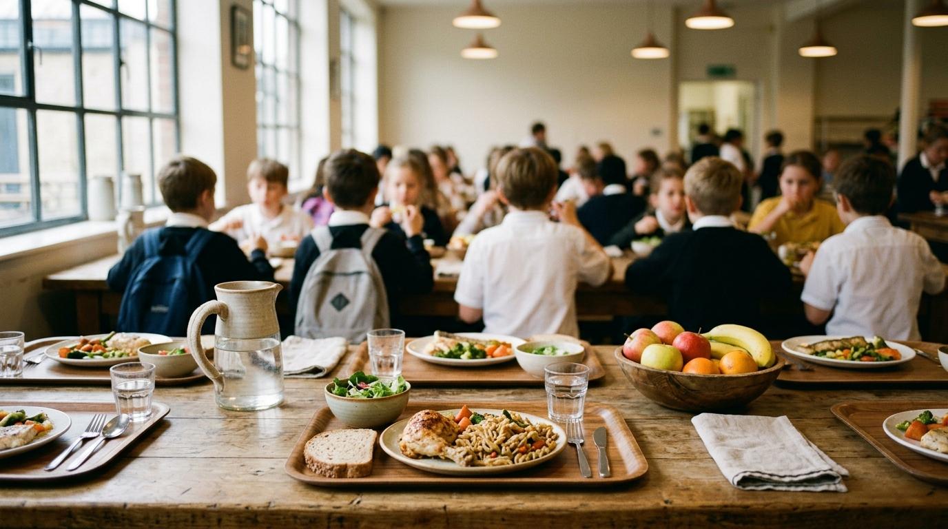 Comedor escolar con bandejas de pollo, pasta y verduras, cuenco de fruta y jarra de agua en mesa de madera