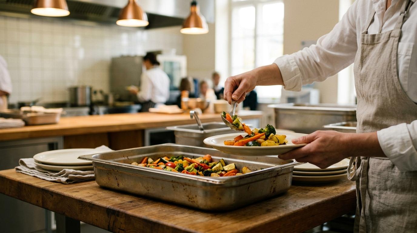 Manos de personal de cocina sirviendo verduras asadas con cuchara en un plato, cocina escolar luminosa