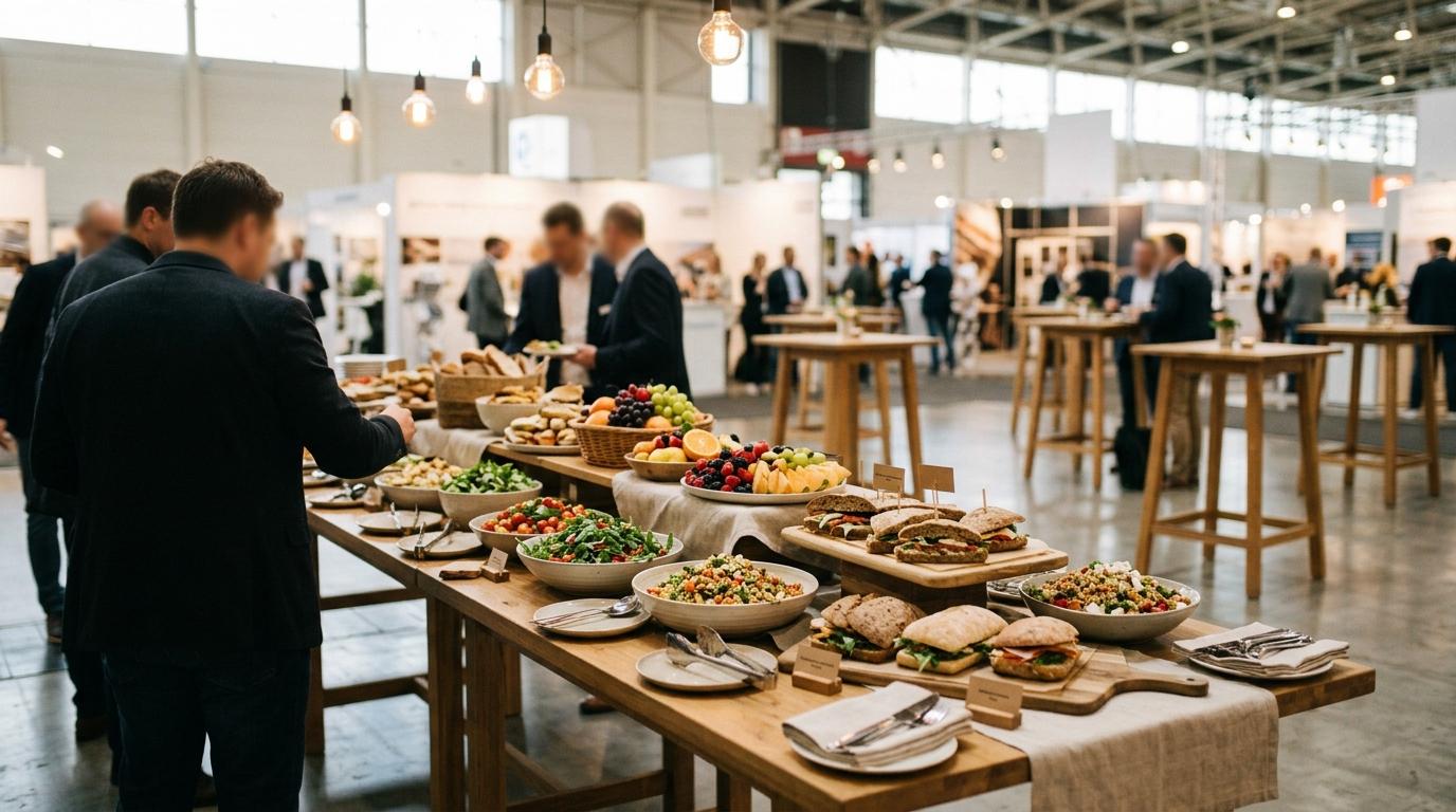 Puesto de catering en una feria con bufé de sándwiches, ensaladas y fruta, mesas altas y el pabellón desenfocado