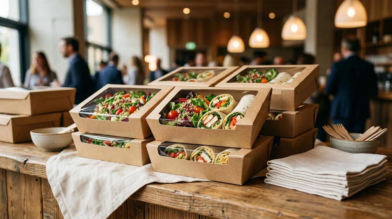 Cajas de cartón con ensaladas y wraps apiladas sobre un mostrador en un evento de congreso