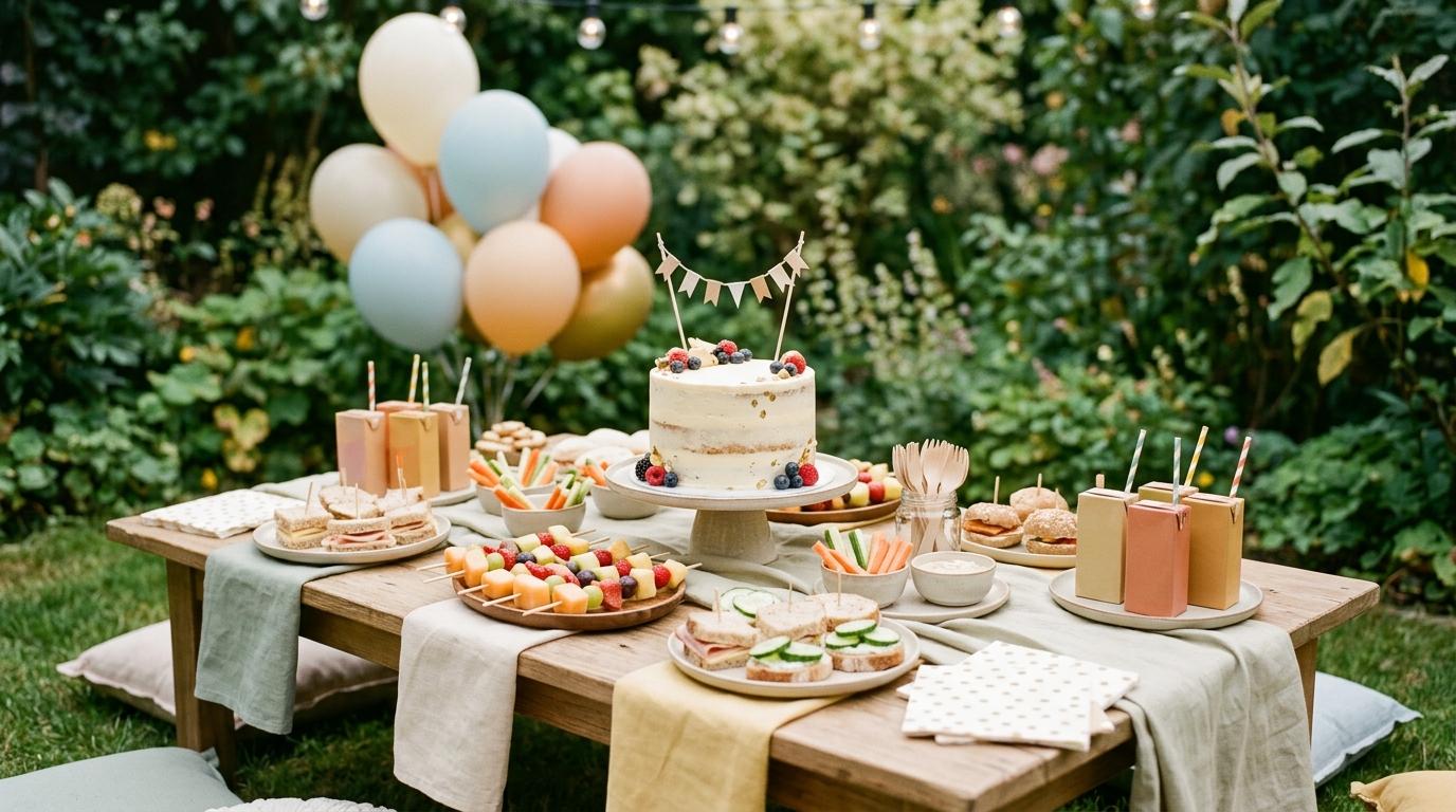 Mesa baja de jardín con mini sándwiches, brochetas de fruta, tarta sencilla y globos pastel para una fiesta infantil