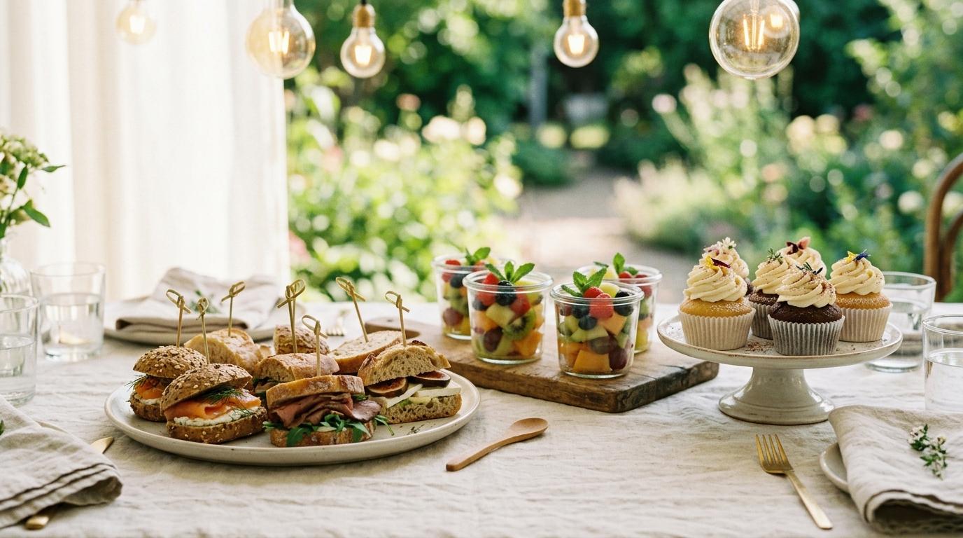 Mini sándwiches, vasitos de fruta y cupcakes decorados sobre un mantel de tonos pastel en un jardín