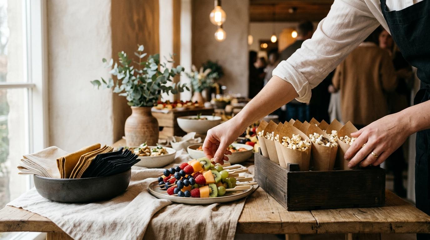 Manos colocando brochetas de fruta y cucuruchos de palomitas sobre una mesa de fiesta infantil