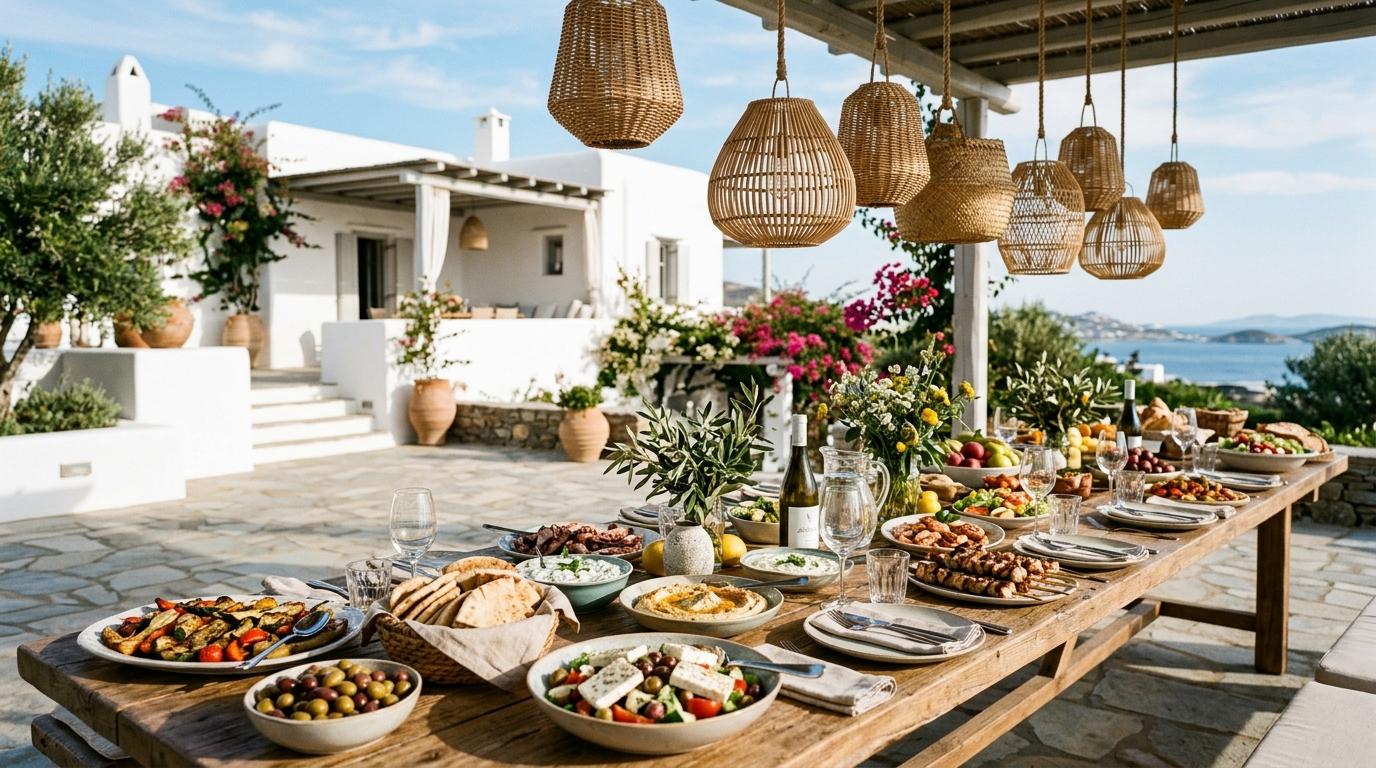 Mesa larga de bufé en terraza de villa con farolillos de mimbre colgados y vistas al mar
